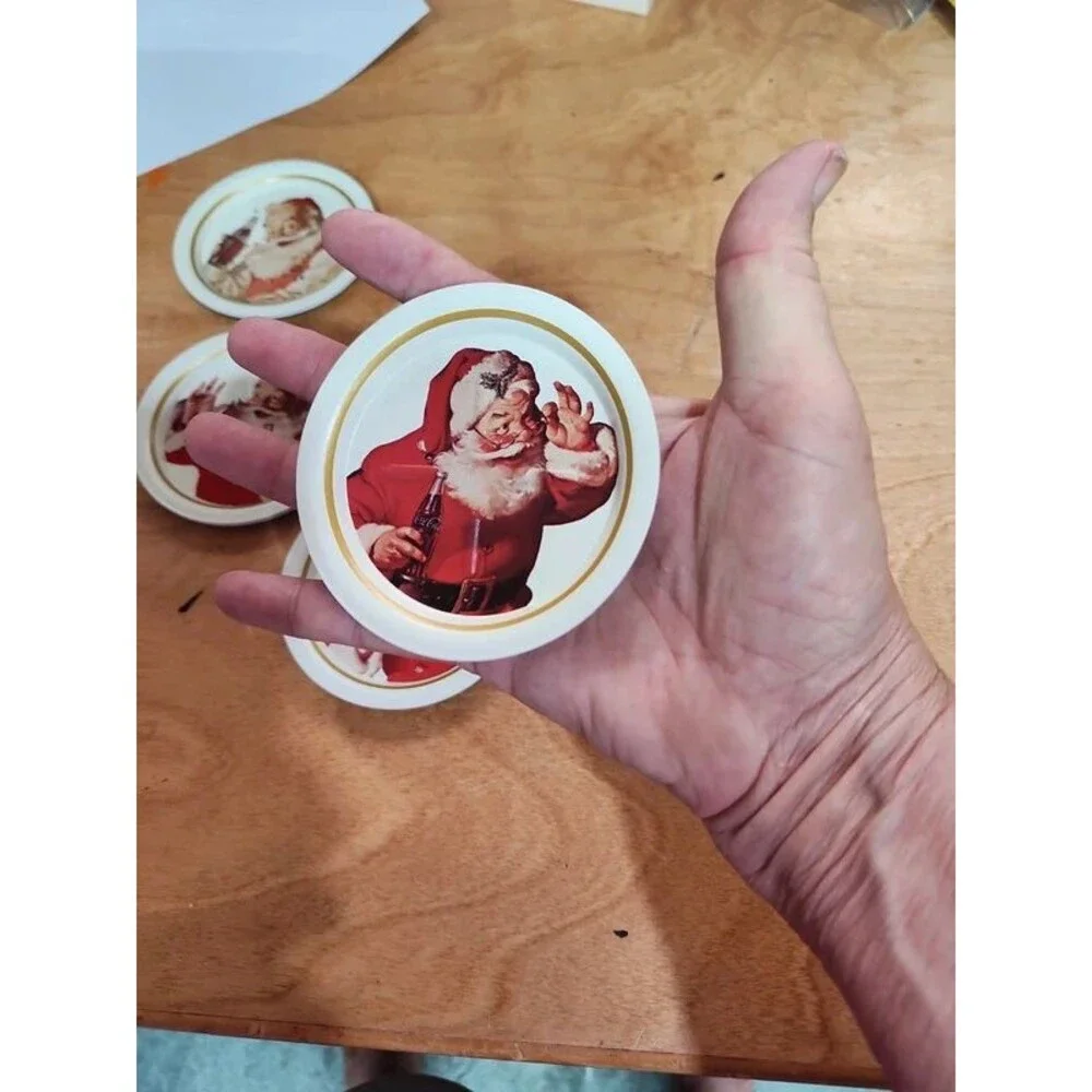 6 vintage Coca Cola  Santa drink coasters metal